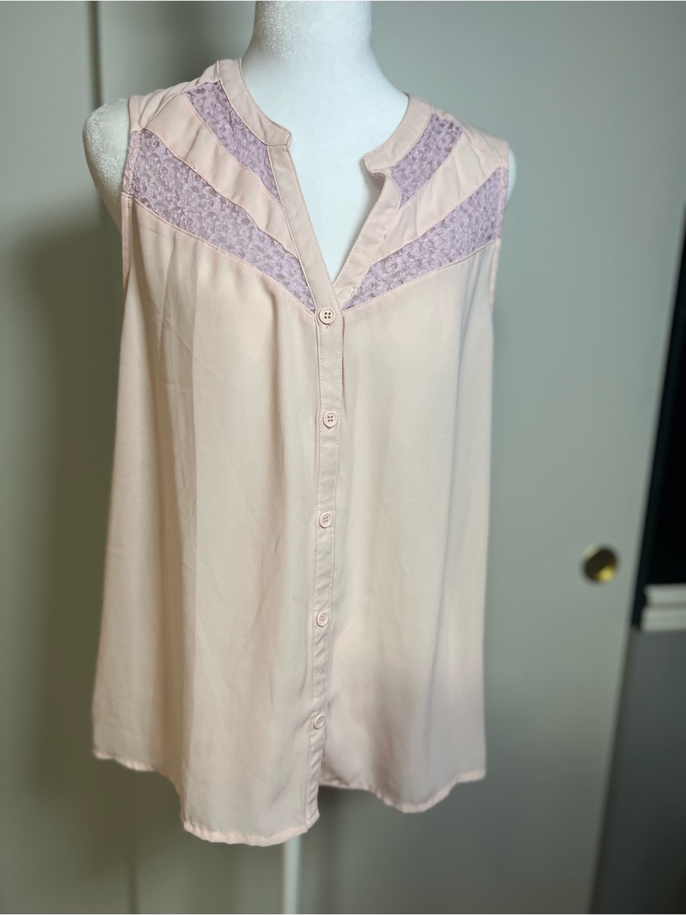 Forever 21 Blush Pink Sleeveless Button-Down Top with Lace Yoke